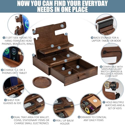 Premium Black Wood Multi-Device Docking Station – Sleek Nightstand Organizer with Hidden Drawer for Valuables, Ideal for Phones, Tablets, Apple Watch, Keys, and EDC Essentials – Streamlined Charging and Elegant Design for Home or Office