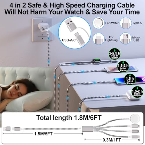 Ultimate 6 FT Multi-Device Charging Cable: Fast Nylon-Braided i Watch and Smartphone Charger Compatible with i Phone, i Pad, Galaxy, and More – Durable, Tangle-Free Solution for Ultra, SE, and All i Watch Models – Streamline Your Charging with Versatile 4-in-2 Connectivity