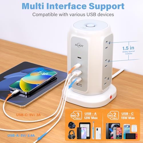 Maximize Your Power Potential with Ai Joy’s Space-Saving Flat Plug Power Strip Tower – 9 Outlets & 5 USB Ports (2 USB-C) for Rapid Charging, 1200 Joules Surge Protection, 6.5 Feet Extension Cord – Ideal for Home, Office, and Dorm Use – Durable, Efficient, and Compact Design for Uncluttered Charging Solutions