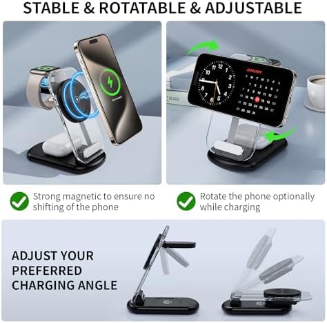 2025 Magnetic 3-in-1 Wireless Charging Station for i Phones, Apple Watches, and Air Pods – Fast Travel Charger with Integrated Light Indicator – Compact Design for Ultimate Portability – Perfect Gift for Tech-Savvy Couples – Compatible with i Phone 16, 15, 14, 13, 12 Pro Max Plus, Air Pods 4, 3, 2, Pro and Apple Watch Series – Enhance Your Charging Experience with Rapid Power-Up Technology