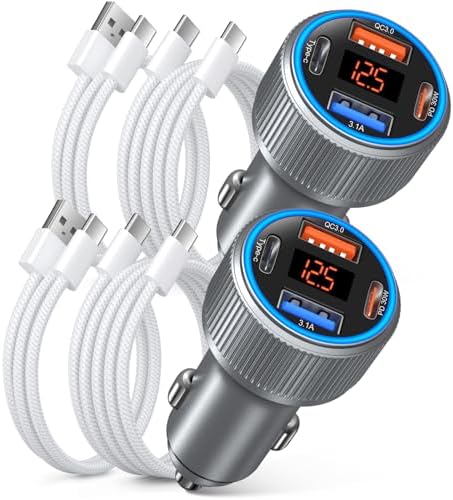 Ultra-Fast 65 W 4-Port Type C Car Charger with Built-in Voltage Meter – Multi-Device USB-C Charging for Samsung S25, S24, S23 Ultra, A53, A16, i Phone 16 & 15 – Includes 4 Premium USB-C Cables for Maximum Compatibility and Efficiency – Ideal for On-the-Go Power Needs