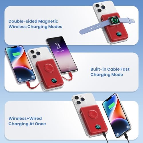Ultimate 6-in-1 Magnetic Portable Charger, 10800 m Ah Power Bank for i Phone – Features Integrated Cables, Wireless Charging for Apple Watch, Smart LCD Display, and 25 W PD Fast Charging – Perfect Travel Accessory for All Devices with Enhanced Safety Features and Compatibility for i Phone 12 to 16 Series