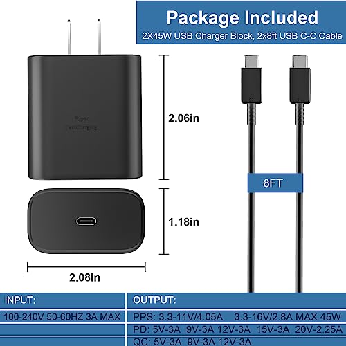 Ultra-Fast 45 W Samsung USB-C Wall Charger with 6.6 FT Cable – Optimal Charging Solution for Galaxy S25 Ultra, S24, S23, S22, Note 10/20 & Tab S8/S7 – Compact Design with Advanced Safety Features for Rapid Device Power-Up