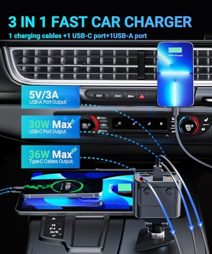 180 W Retractable Car Charger Splitter: 5-in-1 USB Fast Charging Hub with Dual USB Ports, Dual Cigarette Lighter Sockets, Individual Power Switches, and LED Voltmeter for Optimal Charging Efficiency and Vehicle Utility
