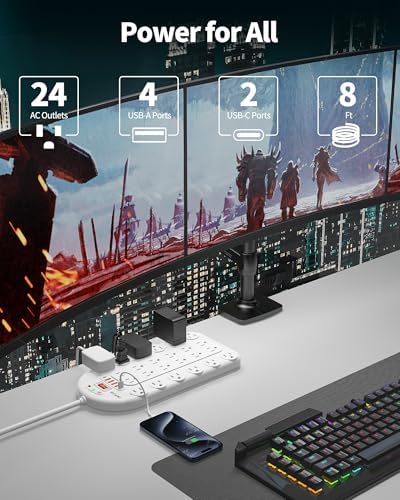 Ultimate Power Strip with 24 AC Outlets and 6 USB Ports, Including 2 High-Speed USB-C Ports, 3400 Joules Surge Protection, 10 Ft Heavy-Duty Flat Plug Extension Cord, Wall Mountable Design for Home and Office Use, ETL Listed for Safety Compliance