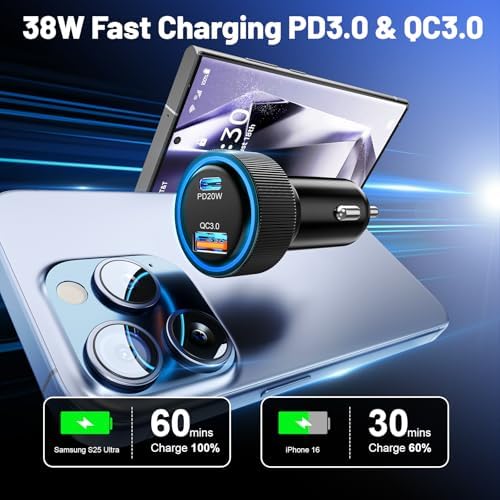 Ancekoy 38 W Dual Ports Car Charger – 5-Pack USB Cigarette Lighter Adapter with PD3.0 & QC3.0 Fast Charging for i Phone 16 Pro Max, Galaxy S25 Ultra, i Pad & More – Ultimate Compatibility & Travel Convenience