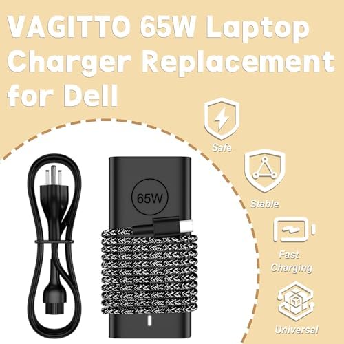 65 W USB-C Power Adapter for Dell Laptops – Versatile Charging Solution for Latitude 5420, XPS 13, Inspiron 14 & More – Premium Nylon Braided Cable for Enhanced Durability and Fast Charge Efficiency