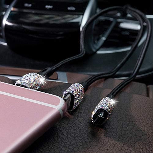 Chic Rhinestone Dual USB Car Charger & 3-in-1 Braided Charging Cable Set – Stylish Bling Accessories for Fast Charging & Enhanced Compatibility – Perfect for Women’s Vehicles in Silver
