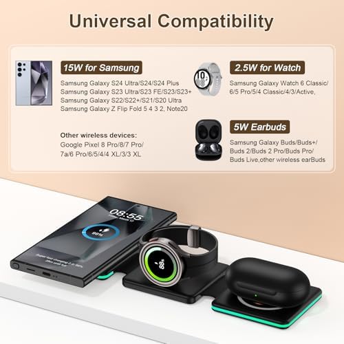 Ultimate Foldable 3-in-1 Wireless Charging Station – 15 W Fast Charger for Samsung Galaxy S25 Ultra, S24, S23 Ultra, Watch 7/6/5/4/3, and Pixel 9/8 Pro – Portable Multi-Device Travel Charger with Enhanced Compatibility and Sleek Design for Effortless Power Management