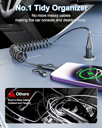 Revolutionary 4-in-1 Coiled Charging Cable: USB, USB-C & Lightning Combo for Seamless Apple Car Play & Android Auto Compatibility – 5 FT, 60 W Fast Charging Multi-Device Cord for i Phone, Samsung, i Pad, Mac Book – Tangle-Free Travel Solution