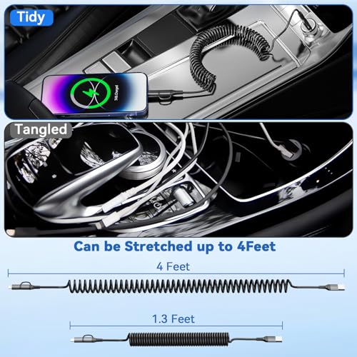 Dual-Connector USB to USB-C and Lightning Coiled Charger Cable – 2-in-1 MFi Certified Fast Charging & Data Syncing Cord for i Phone 16/15/14/13, i Pad & Android Devices – Optimal Performance for Apple Car Play & Android Auto