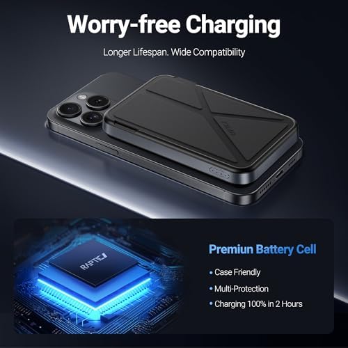 RAPTIC 2024 Advanced 5000 m Ah Magnetic Power Bank with Integrated Stand – Ultra-Slim Wireless Charger for i Phone 16 Pro Max/15/14/13/12, Fast Charging Capability, Includes USB-C Cable, Sleek Black Design for On-the-Go Convenience