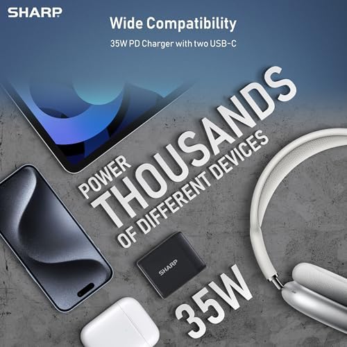 Optimize Your Charging Routine with the Sharp 35 W Dual USB-C Charger – Compact Ga N Fast Charging Adapter for i Phone 15, i Pad Pro, and More – Foldable, Portable Design for Effortless Charging Anywhere – Versatile Compatibility for All Your Essential Devices