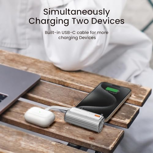 Ultra-Compact 5000 m Ah Flow Mini Power Bank – Versatile Portable Charger with Changeable Plugs, Built-in Cable & Dual USB-C Outputs for Seamless Compatibility with i Phone 16/15/14/13, i Pad, Galaxy S24/23 Ultra – Ideal for On-the-Go Charging