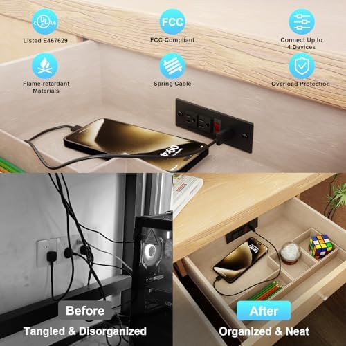 Recessed Drawer Power Strip Kit: Clutter-Free Charging Solution with PD 20 W Fast Charge, Dual USB Ports (Type A & C), and Dual 12 Amp AC Outlets – 7.2 FT Cord for Flexible Setup and Enhanced Workspace Efficiency