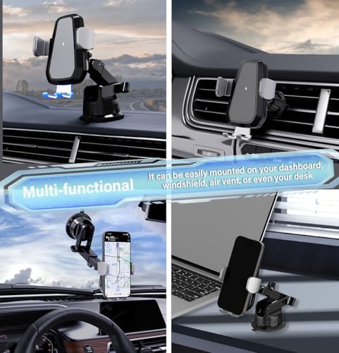 Sleek Silver 3-in-1 Wireless Car Charger & Phone Mount – Effortless Fast Charging for i Phone 16/15/14/13/12/11 & Samsung Galaxy S23/S22/S21/S20/S10+/S9+/Note 9 – Auto-Clamping Design for Safe, One-Handed Operation & Adjustable Viewing Angles