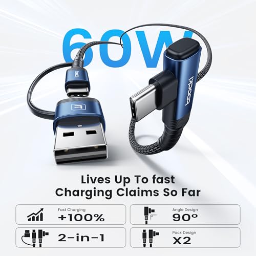 60 W USB-C to USB-C Cable Bundle (2-Pack, 6.6 FT) – Superior Fast Charging & Data Sync with Ergonomic Right Angle Design – Ideal for i Phone 15 Pro Max, Mac Book Air, Samsung S23 Ultra & More – Built to Last with Premium Durability & Versatile Compatibility