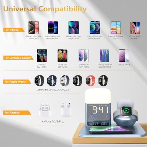 Elevate Your Charging Experience: 3-in-1 Wireless Charging Station with Night Light & Alarm Clock for i Phone 11-16 & Apple Watch – Fast 30 W Ga N Charger – Sleek Blue Design for Modern Living Spaces