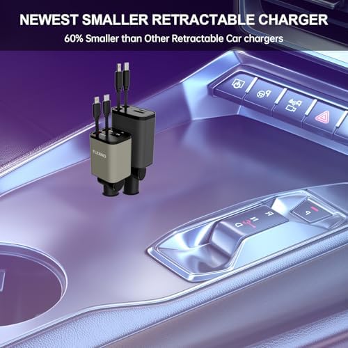 Premium Flexino Compact Retractable Car Charger for i Phone 16 – 69 W Fast Charging with Dual 2.6 ft USB C Cords | Efficient Power Adapter Compatible with i Phone 16/15/14/13/12 Series & Galaxy Devices | Sleek Grey Design for Ultimate Portability and Reduced Cable Clutter