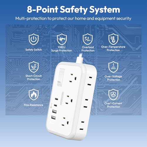 NTONPOWER 6-Outlet Surge Protector Power Strip with 4 USB Charging Ports, Including 2 USB-C Fast Chargers, 5-Foot Flat Plug Extension Cord for Home, Office & Dorm Room – Ultimate Device Protection & Space-Saving Solution