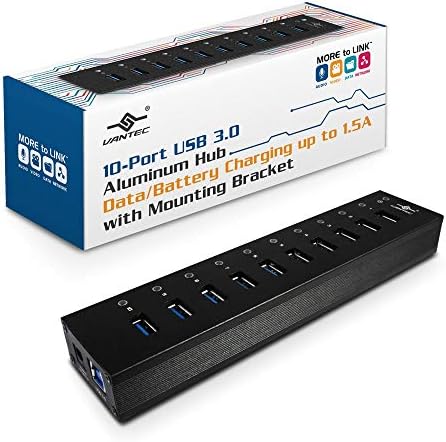 Vantec 10-Port USB 3.0 Hub – Premium Aluminum Mountable Charger & Data Hub with 1.5 A Power, 5 Gbps Speed, and 60 W Adapter for Seamless Device Connectivity and Organization – Ideal for Home & Office Use