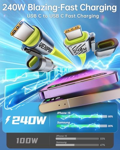 Ultimate 240 W SHEZI 4-in-1 USB C Charging Cable: Fast Charging & 480 Mbps Data Sync, Multi-Device Compatibility with L-Type, Type C, USB A Ports – 5 ft Stylish Pink Design for Enhanced Performance and Portability