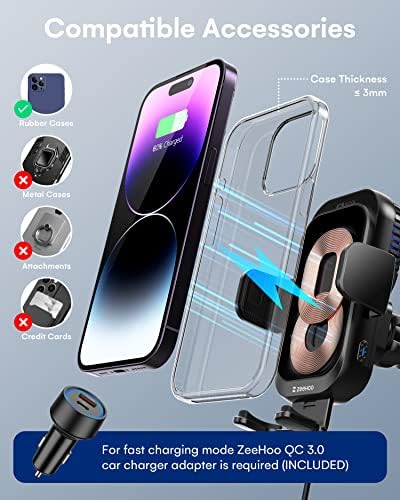 Elevate Your Road Experience with Zee Hoo’s Ice Cooling Wireless Car Charger – 15 W Dual Coils Fast Charging Mount for i Phone & Samsung – Secure Auto Clamp Design with Integrated Cooling Technology for Optimal Performance and Convenience
