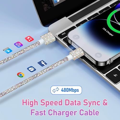 Black Diamond MFi Certified Fast Charging Cable for i Phone – 4 FT USB-A to Lightning Cord with Sparkling Rhinestone Design, Compatible with i Phone 14, 13, 12, 11 Pro Max, XR, XS, X, 8, and 7 – Durable and Stylish Charging Solution for Rapid Power Delivery