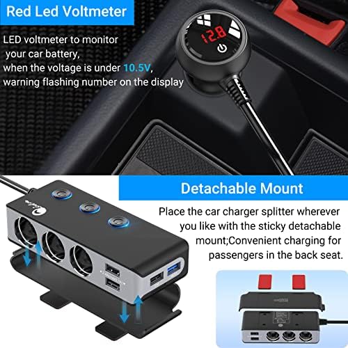 Revolutionize Your Road Trips with the Qidoe Quick Charge 3.0 Cigarette Lighter Splitter – 3-Socket Power Hub with 4 High-Speed USB Ports and LED Battery Voltage Display, Designed for 12 V/24 V Vehicles with Energy-Saving Controls for Ultimate Device Efficiency and Compatibility