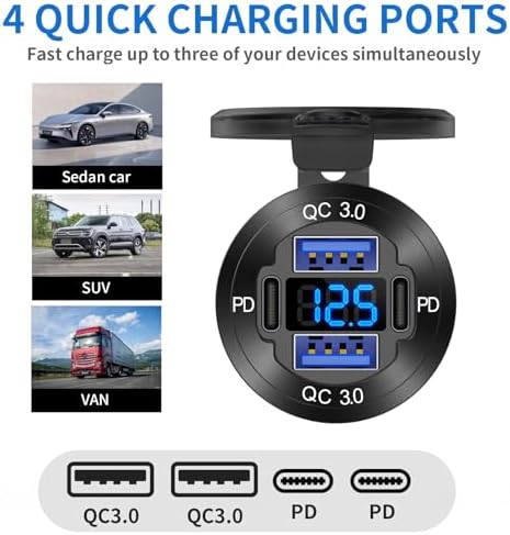 High-Performance 2 Pack 12 V USB Outlet 4 Port Car Charger Socket – 78 W Dual PD USB C & Quick Charge 3.0 Adapter with Integrated Voltmeter, Waterproof Design for Cars, Boats, RVs, ATVs & More – Ultimate Fast Charging Solution for On-the-Go Power Needs