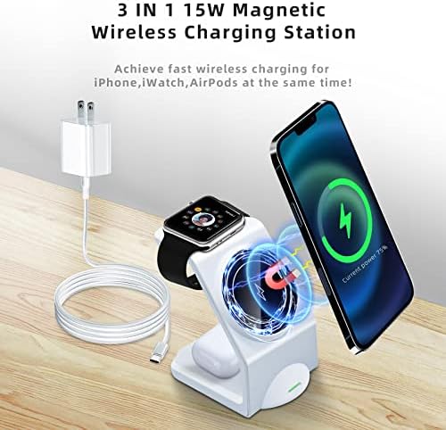 Magnetic 3-in-1 Wireless Charging Station for Apple Devices – Fast, Efficient Charger for i Phone 15/14 Pro Max, Apple Watch Ultra/8/se/7/6/5/4/3/2, and Air Pods – Compact Design with Enhanced Compatibility and Safety Features