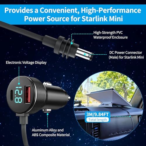Ultimate 10 FT Power DC Cable for Starlink Mini – Versatile 3-in-1 Car Charger Adapter with USB-C PD and USB A Ports, Compatible with 12.8 V-24 V Vehicles, Featuring Digital Display for Real-Time Monitoring – Perfect for Trucks, Cars, Buses, and Boats