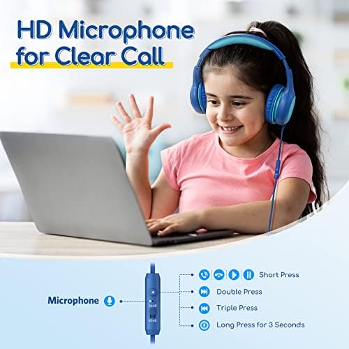 Kid-Friendly Foldable Wired Headphones with Microphone – Volume Limiting Safety (85/94 d B) for Hearing Protection, Share Port for Collaborative Audio, Ideal for Tablets, PCs, and School Use – Enhanced Type C Compatibility for Optimal Sound Quality and Comfort