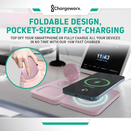 Effortless Charging: 3-in-1 Foldable Wireless Charger Station in Blush Pink – 15 W Fast Charging for i Phone, Samsung, Smartwatches & Headphones – Compact, Portable Design with Magnetic Alignment for Ultimate Convenience and Safety