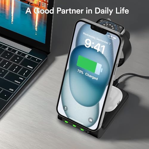 3-in-1 Wireless Charging Station for Apple Devices – Fast Magnetic Charger for i Phone 15/14/13/12/Pro Max/SE/11/XS/XR/8, Apple Watch 9-2, and Air Pods – Streamlined Power Solution for Home and Travel – Sleek, Compact Design for Enhanced Compatibility and Speed