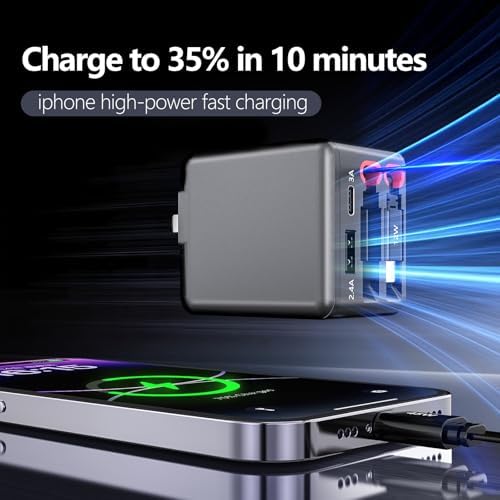 Revolutionary 4-in-1 Retractable Wall Charger with Dual USB Ports – 84 W Rapid Charging Adapter Featuring 25.6″ Lightning & Type-C Cables for i Phone 16/15, i Pad, Galaxy, Air Pods, Pixel & More – Compact, Foldable Design for Optimal Multi-Device Charging Flexibility