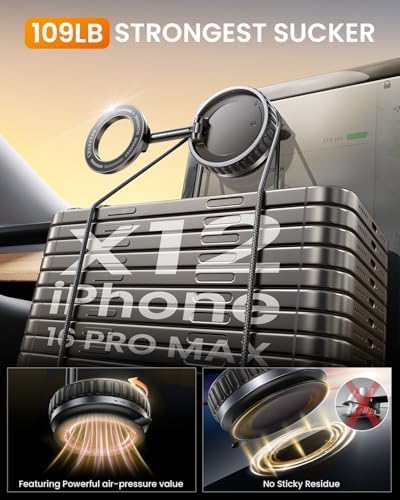2025 Upgraded Vacuum Suction Cup Phone Mount for Magsafe [109+LBS Strongest Suction], 360° Adjustable Foldable Vacuum Magnetic Phone Holder for Car [24 N55 Stronger Magnets], for iPhone 16/15/14/13/12 – Enhanced Compatibility and Speed