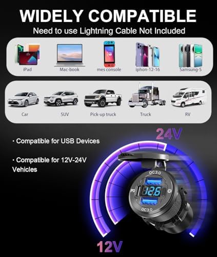 Powerful 78 W Quad-Port 12 V USB Charging Hub – Dual QC3.0 & PD3.0 Quick Charge Car Charger with Integrated Voltmeter, Waterproof Aluminum Alloy Design for Cars, Boats, RVs, ATVs, and More – Optimal Device Compatibility and Speed Enhancements