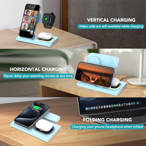 Ultra-Convenient 3-in-1 Foldable Wireless Charging Dock for Apple Devices – Rapid Power-Up Station for i Phone 16/15/14/13/12/11/X/XS, Apple Watch Series 10/9/8/7/Ultra2/Ultra/SE, and Air Pods Pro/2/3/4 – Lightweight Travel Charger with Integrated LED Light for Enhanced Portability and Efficiency