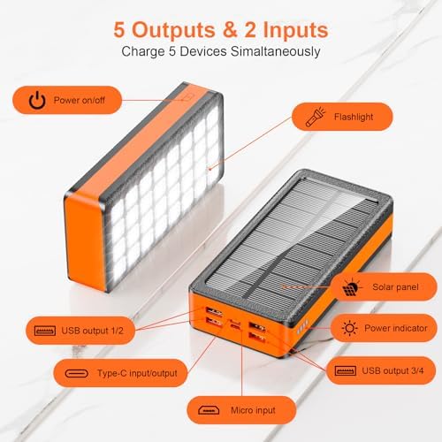 High-Capacity 66800 m Ah Solar Power Bank – Ultra-Fast QC3.0 Portable Charger with 5 USB Outputs, Dual Input Ports & Versatile 32 LED Flashlight Modes for Smartphones, Tablets & Outdoor Adventures – Ideal for Camping, Hiking & Emergency Preparedness