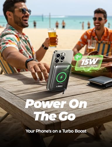 LISEN Qi2 Certified 15 W Mag Safe Portable Charger – 10,000 m Ah Battery Pack with Foldable Stand, Fast 30 W USB-C Charging for i Phone 16/15/14/13 – Sleek Wireless Power Bank for On-the-Go Convenience and Enhanced Compatibility