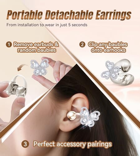 Stylish King Lucky Bluetooth 5.4 Clip-On Earbuds with Chic Detachable Butterfly Earrings – Waterproof Open Ear Design for Ultimate Comfort, 50-Hour Playtime Perfect for Festivals and Parties, Luxurious Rose Gold Gift for Discerning Women