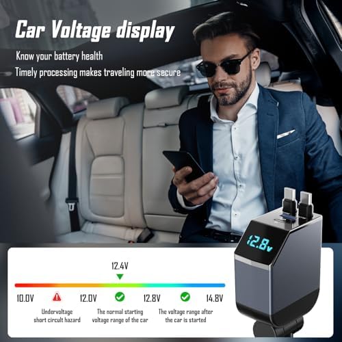 Ultimate 4-in-1 Fast Retractable Car Charger – 84 W Power Booster with Dual Cables (USB-C & Lightning) for i Phone 16/15/14/13/12/11 – Tangle-Free, Compact Design for Effortless Travel Charging Solutions