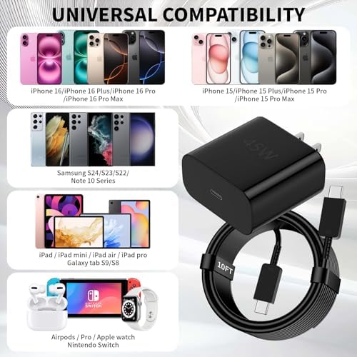 Revolutionary 45 W Fast Charger with 10 FT Type-C Cable – Optimized for i Phone 16 Series and Galaxy S24 – Ultimate Solution for Rapid Charging and Exceptional Durability with Advanced Safety Features for Modern Tech Users