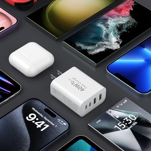40 W Compact 4-Port USB C Charger Block – Dual PD & QC Fast Charging Adapter with USB C to C Cables for i Phone 15 & Samsung Galaxy S24 – Ultimate Power Solution for Home, Office, and Travel Efficiency