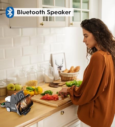 Forklift-Style 4-in-1 Wireless Charging Station with Bluetooth Speaker – Fast Charging Hub for i Phone 16/15/14/13 Pro Max, Apple Watch, Air Pods & Android Devices – Premium Sound & Compact Travel Design for Seamless Audio Streaming & Device Safety