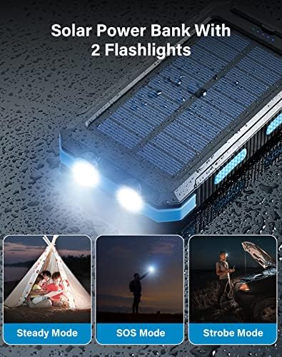 High-Capacity 38,800 m Ah Suscell Solar Power Bank – Dual USB Fast Charging with Enhanced Compatibility for i Phone and Samsung Galaxy – Essential Hiking and Camping Accessory with Emergency LED Flashlights for Safety and Eco-Friendly Solar Charging