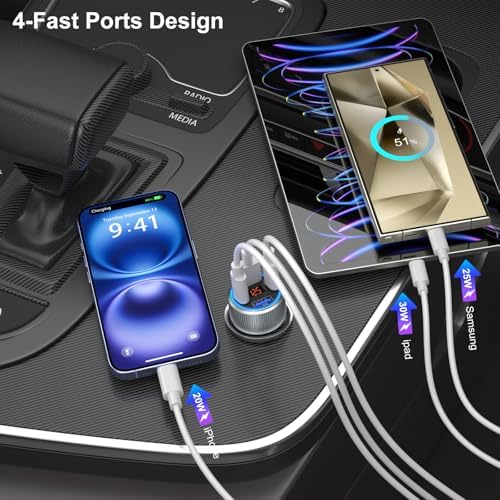 High-Speed USB C Car Charger 3-Pack – 65 W Dual Port QC+PD 3.0 Fast Charging Adapter with Voltmeter for i Phone 16-12, i Pad Pro Max & Android Devices – Reliable Multi-Port Cigarette Lighter Charger in Sleek Black/Gray Design
