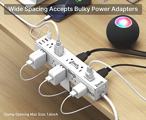 CCCEI 15-Outlet Desk Clamp Power Strip – Ultimate Surge Protector with Fast Charging USB Ports, 6 FT Flat Plug for Enhanced Accessibility, Compatible with 1.6-Inch Tabletops, Sleek Black Design for Modern Workspaces