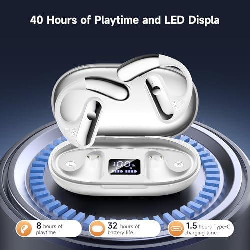 Unleash Your Workout Potential with Open Ear Bluetooth 5.4 Sport Earbuds – 40 Hours of Playtime, IPX7 Waterproof for Ultimate Durability, Deep Bass Sound for Immersive Audio Experience, Built-in Mic for Hands-Free Calls – Ergonomically Designed for Comfort and Stability, Chic White Charging Case with LED Display for On-the-Go Convenience